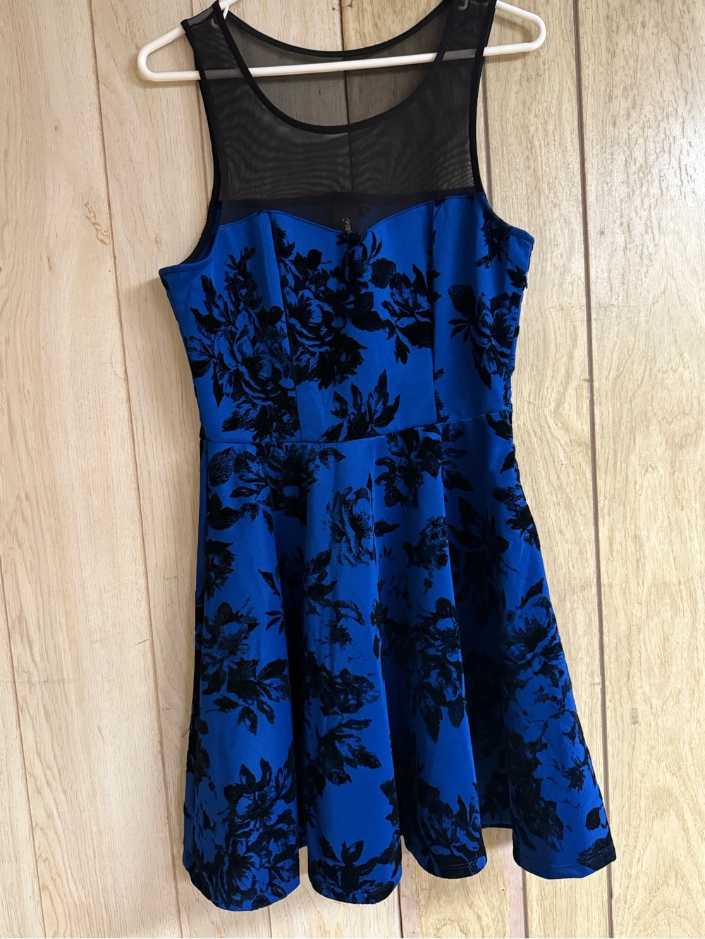 Trixxi Royal Blue and Black Floral Mesh Yoke Skater Dress